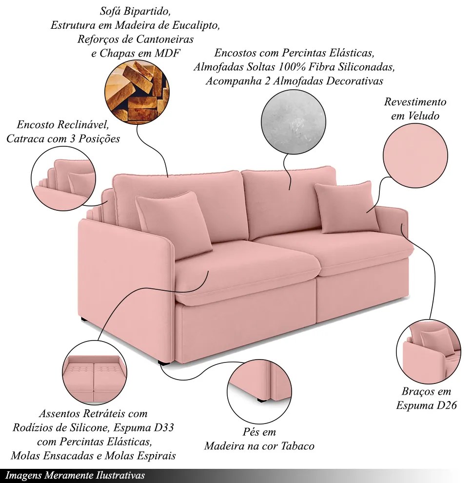 Sofá Reclinável e Retrátil Gandalf Bipartido 254cm Caixa Zero com Almofadas Veludo Rosê G33 - Gran Belo