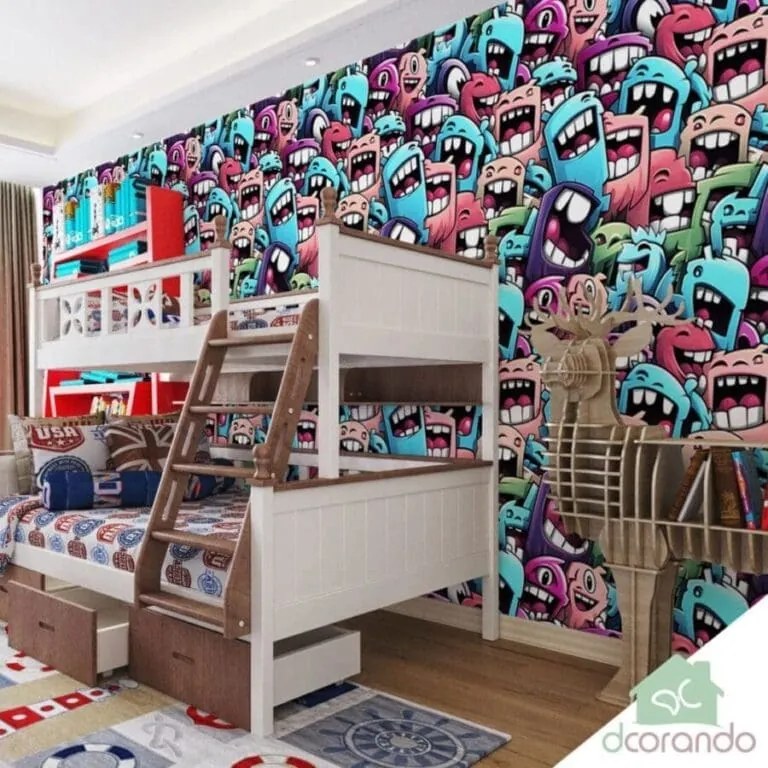 Quarto Adolescente Vibrante com Papel Monstros Coloridos