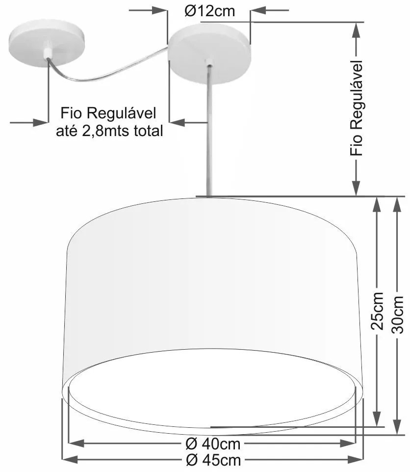 Lustre Pendente Cilíndrico Com Desvio de Centro Vivare Md-4313 Cúpula em Tecido 45x30cm - Bivolt