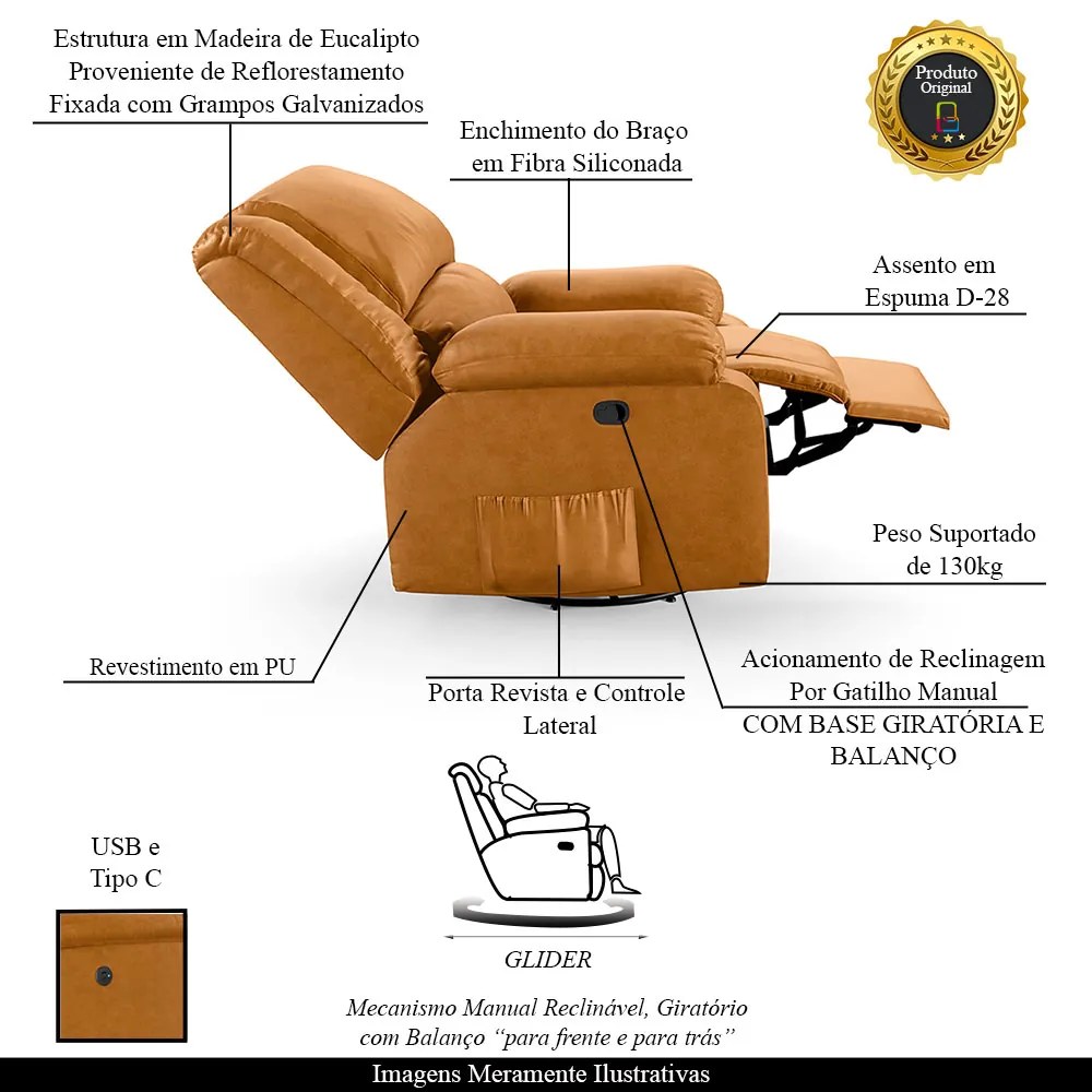 Poltrona do Papai Reclinável Sala de Cinema Madrid Glider Manual Giratória USB PU Whisky  G23 - Gran Belo