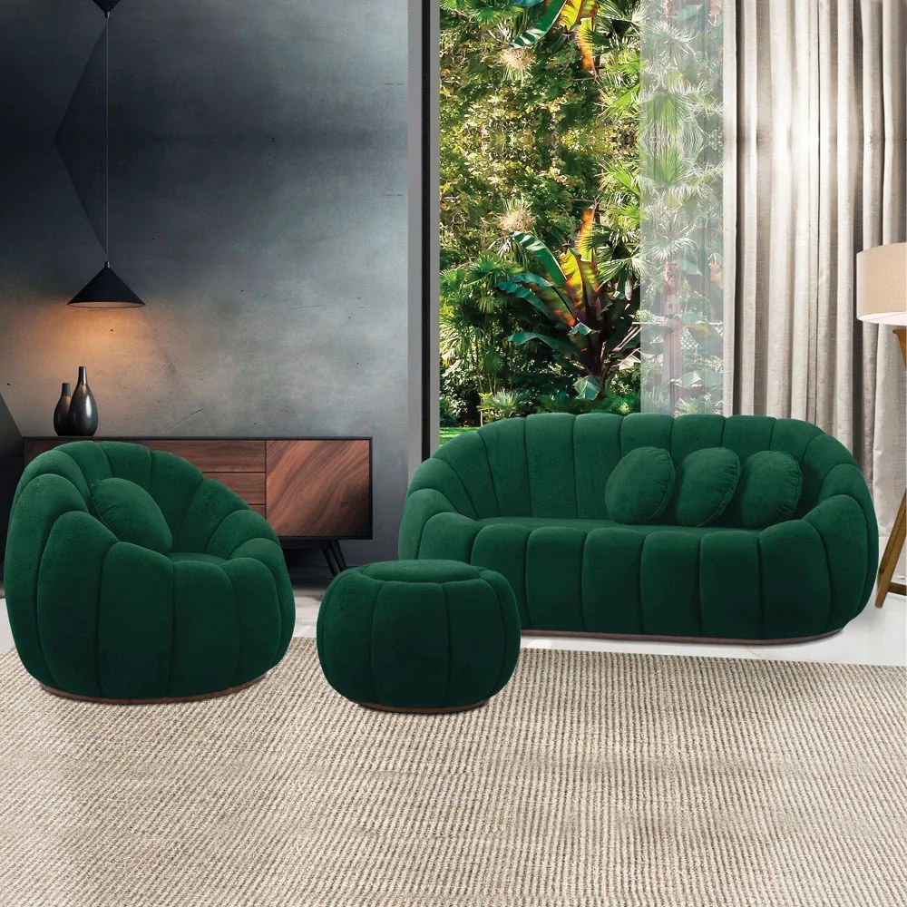Sofá 2 Lugares com Puff e Poltrona Giratória Orgânica Cloud Bouclê Verde E03 - D'Rossi