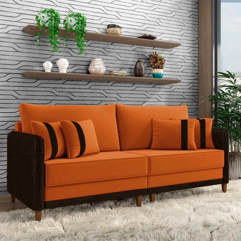 Sofá Living Montecarlo 3 Lugares Bipartido 232cm Pés em Madeira Veludo/PU Terracota/Marrom G33 - Gran Belo