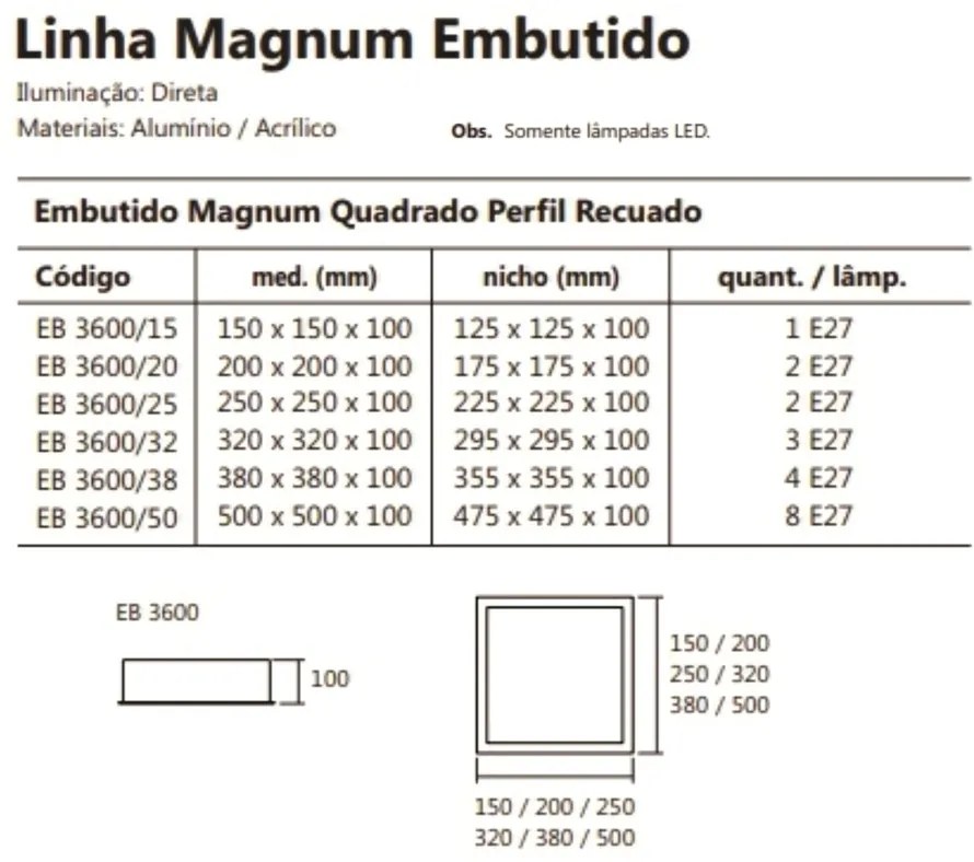 Luminária De Embutir Magnum Quadrado 38X38X10Cm 4L E27 | Usina 3600/38 (FN-F - Fendi Fosco)