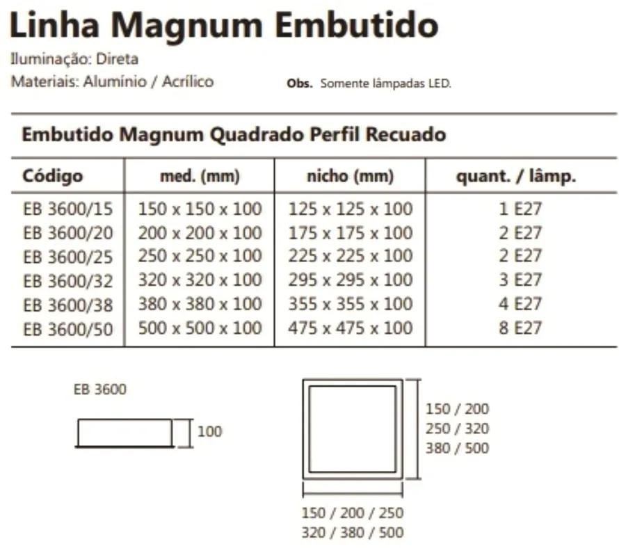 Luminária De Embutir Magnum Quadrado 38X38X10Cm 4L E27 | Usina 3600/38 (MR-T - Marrom Texturizado)