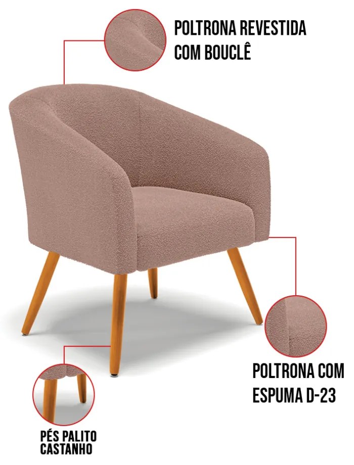 Poltrona Decorativa Pé Palito Castanho Stella Bouclê D03 - D'Rossi - Rose