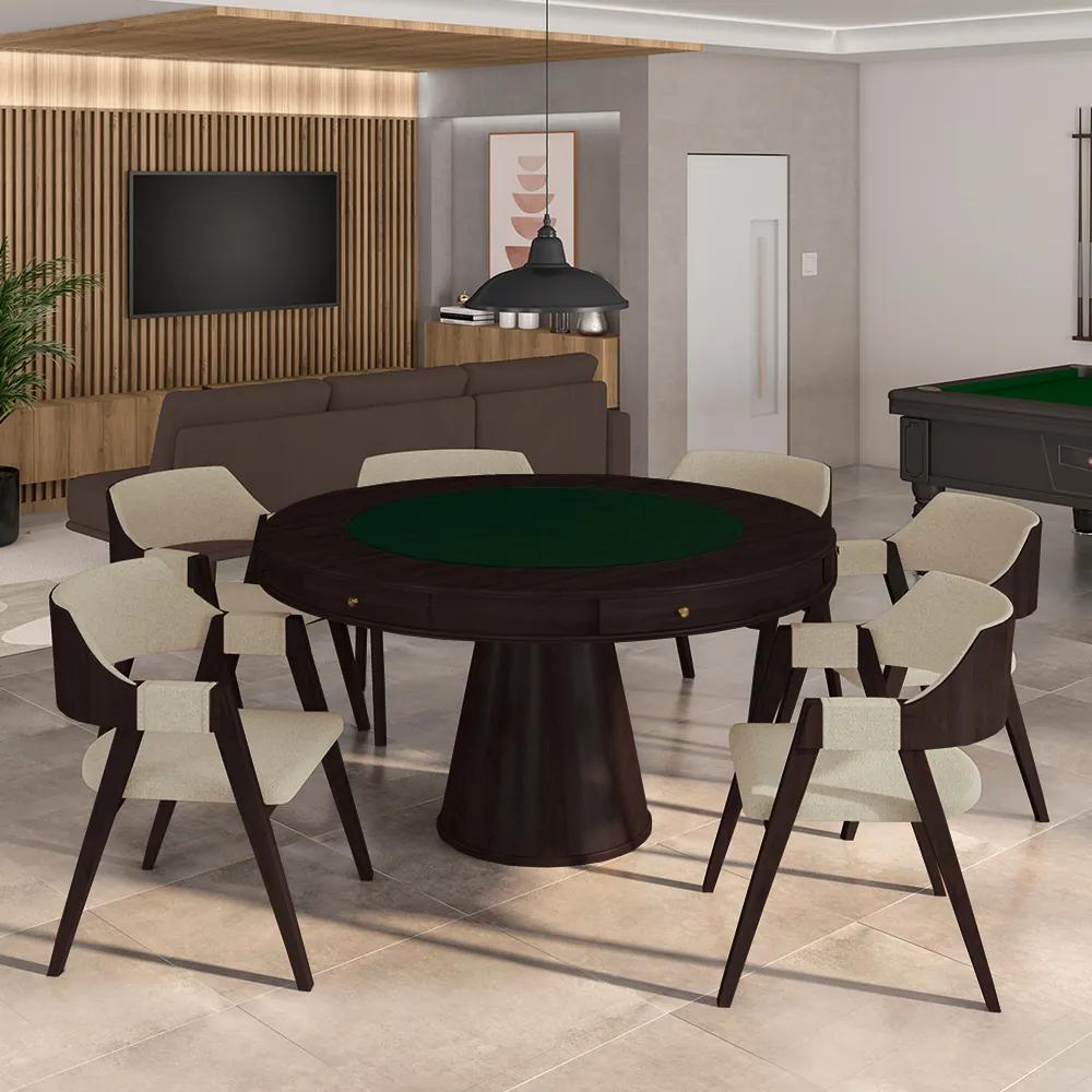 Conjunto Mesa de Jogos Carteado Bellagio Tampo Reversível Verde e 6 Cadeiras Madeira Poker Base Cone Linho OffWhite/Tabaco G42 - Gran Belo