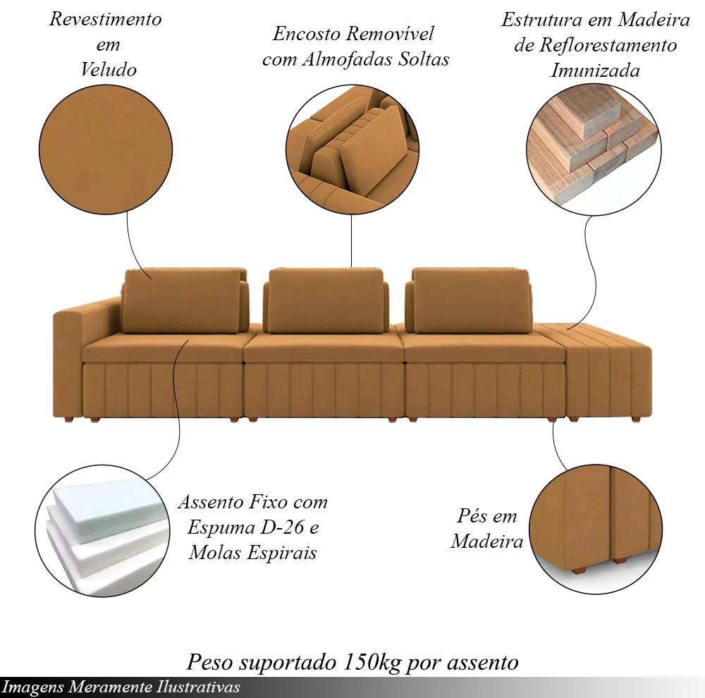 Sofá Ilha com Encosto e Almofadas Móveis Olimpo 365cm Modulado Veludo Terracota G45 - Gran Belo