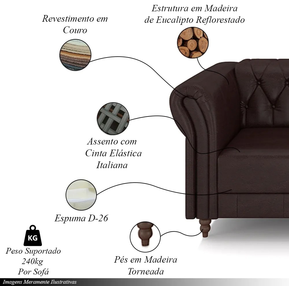 Conjunto de Sofá Sala de Estar Stanford Chesterfield 2 e 3 Lugares 200cm/260cm Pés Madeira Couro Wine Vinho G58 - Gran Belo