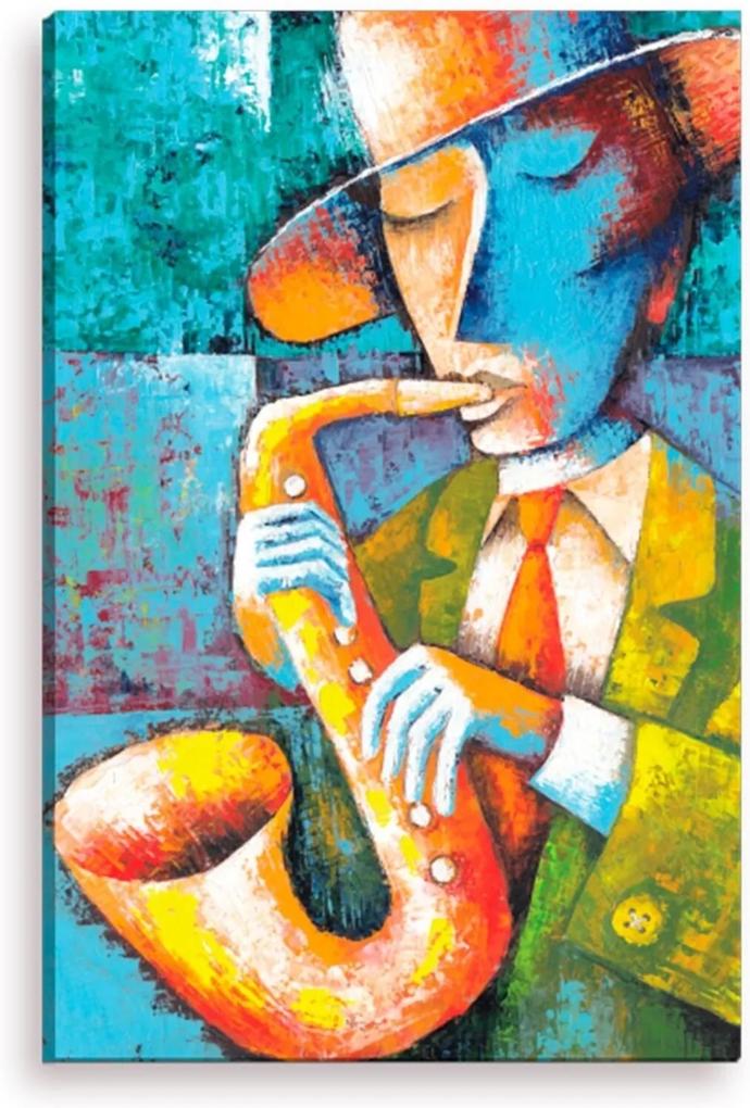Tela Decorativa Estilo Pintura Músico de Rua Tocando Saxofone - Tamanho: 90x60cm (A-L) Unico