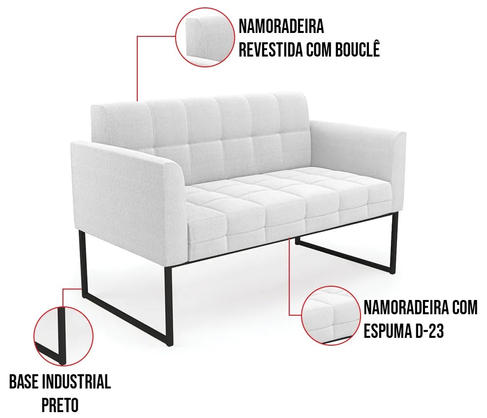 Sofá Namoradeira e 2 Poltronas Industrial Pto Elisa Bouclê Off Wte D03 - D'Rossi