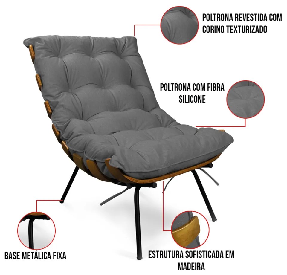 Poltrona Costela Base Fixa Preta Kit 2 Corino Text S01 - D'Rossi - Cinza