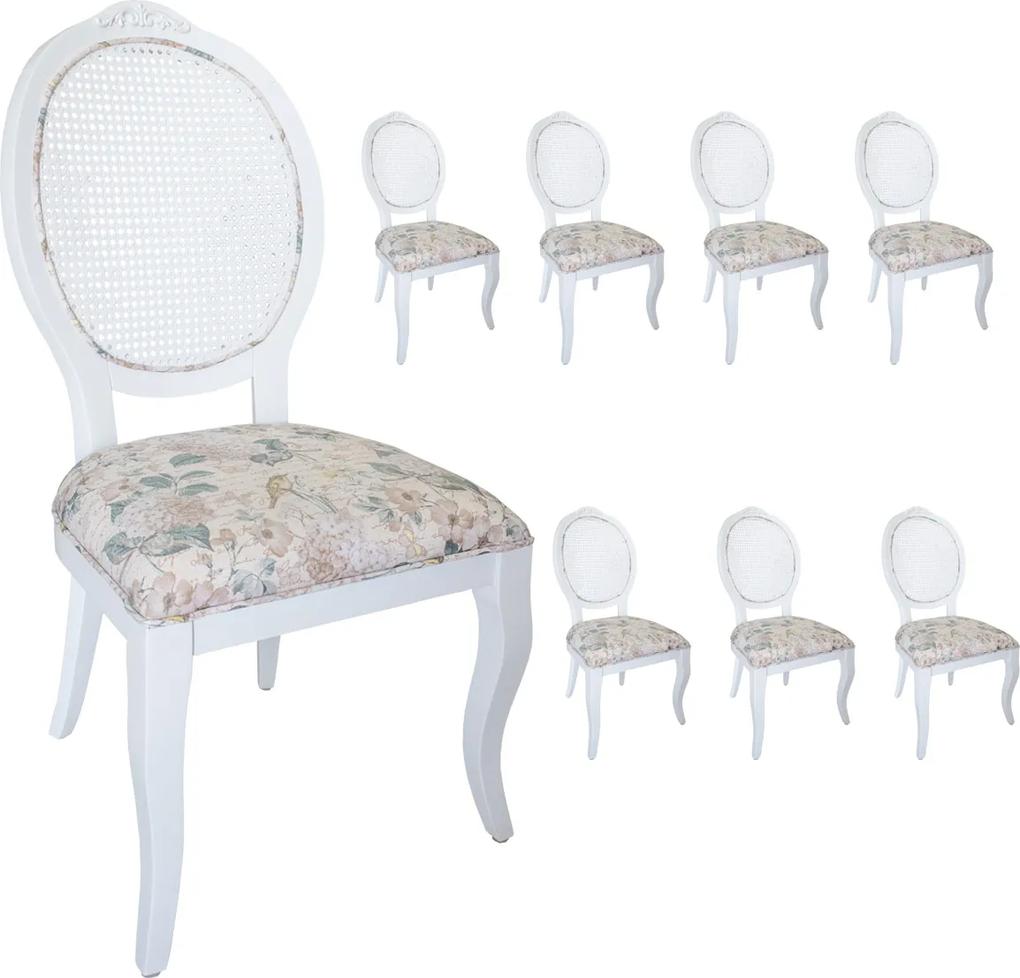 Jogo 8 Cadeiras Medalhão Lille - Branco - Tecido Floral Aurora / Palha Branca  Kleiner Schein