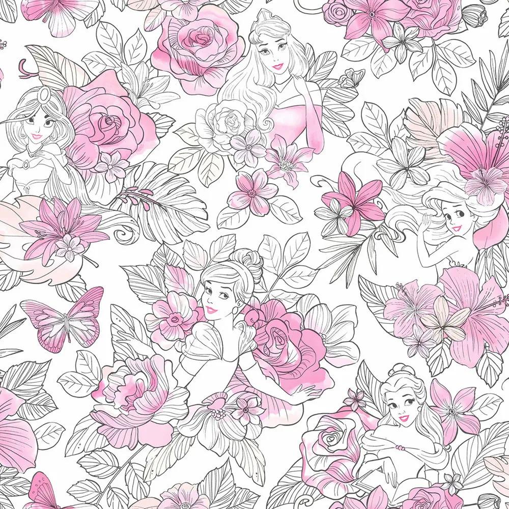 Papel De Parede Princesas Floral Rosa - Disney York Iii - Americano La...