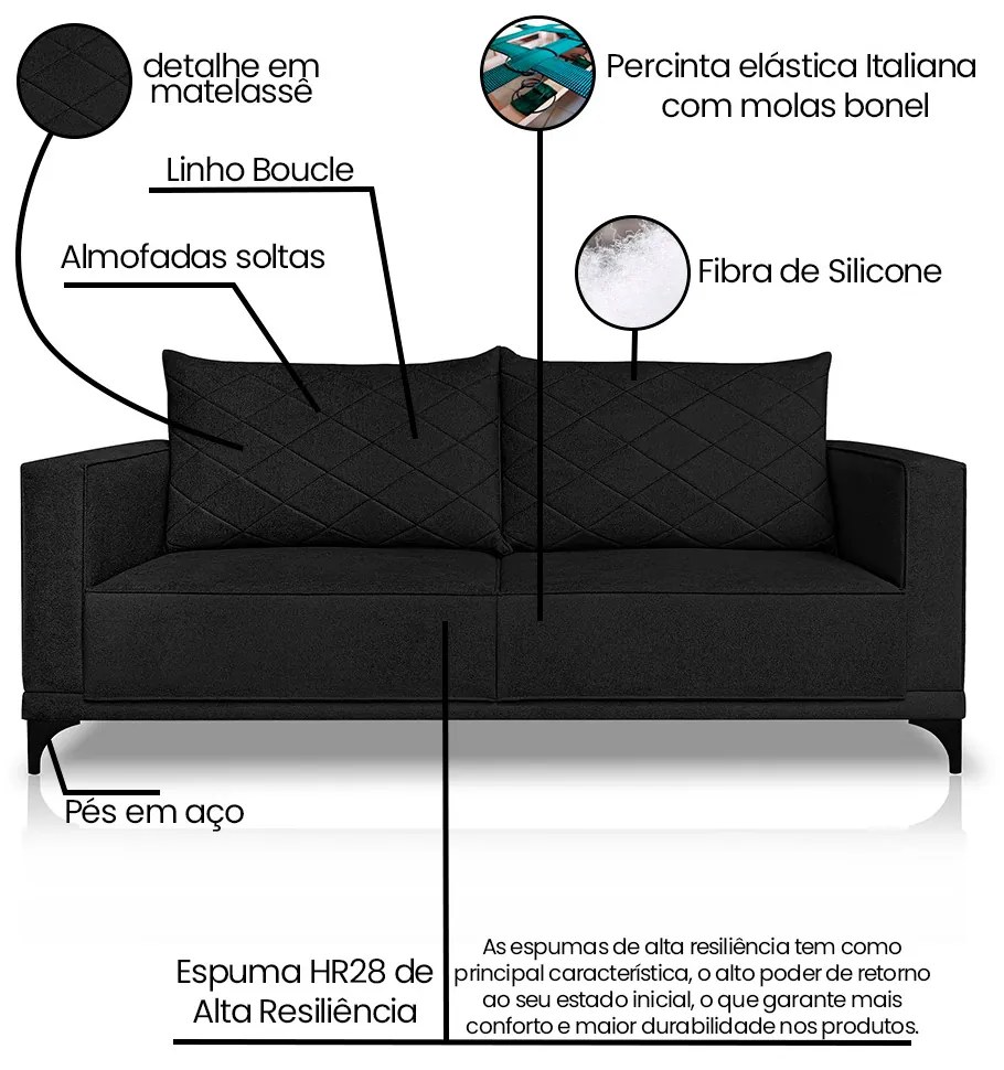 Sofá Living 2 Lugares com Pés de Ferro Almofadas Soltas 160cm Neso Bouclê Preto G63 - Gran belo