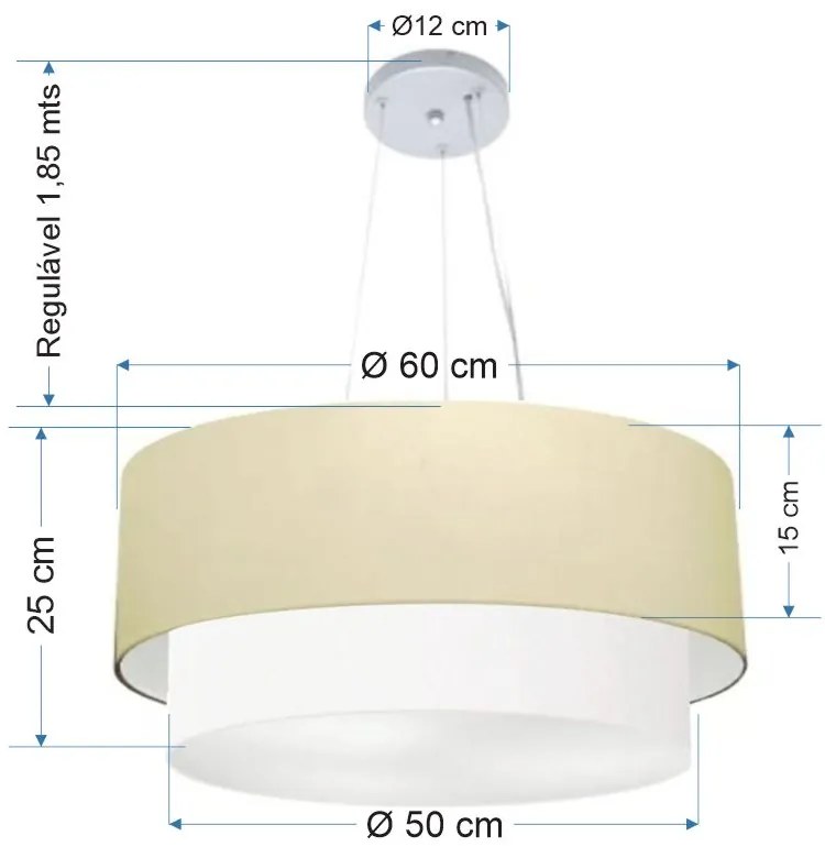 Lustre Pendente Duplo Cilíndrico Vivare Md-4082 Cúpula em Tecido 60x50cm - Bivolt