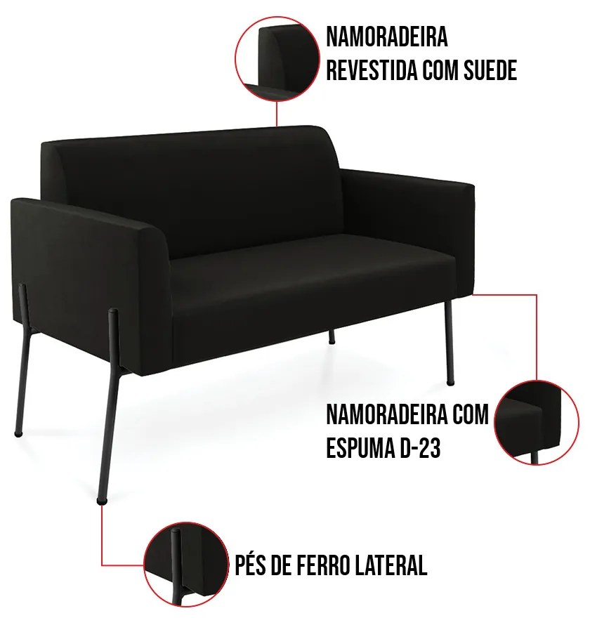 Sofá Namoradeira 2 Lugares Pé de Ferro Preto Marisa Suede D03 - D'Rossi - Preto