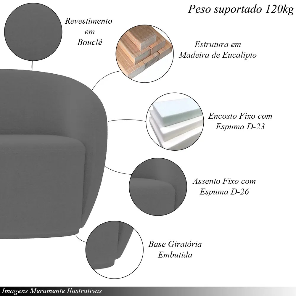 Kit 2 Poltronas Decorativas Sala de Estar Íbis Encosto Fixo Bouclê Grafite G33 - Gran Belo