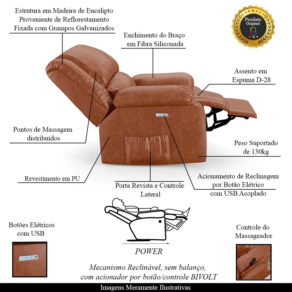 Poltrona do Papai Reclinável Sala de Cinema Madrid Elétrica Touch Massagem USB PU Caramelo Brilho  G23 - Gran Belo