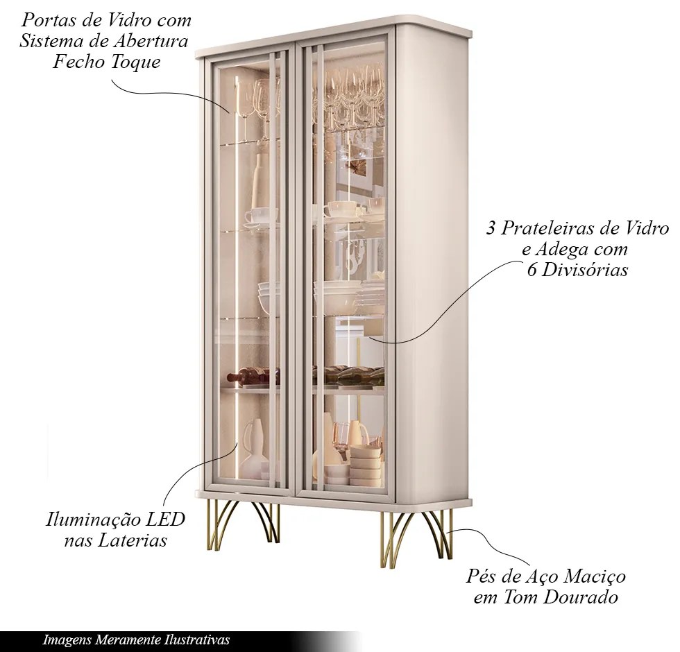 Conjunto Cristaleira Buffet com LED Portas de Vidro Pés Aço Maciço Cor Dourado Texas/Virginia Off White G26 - Gran belo