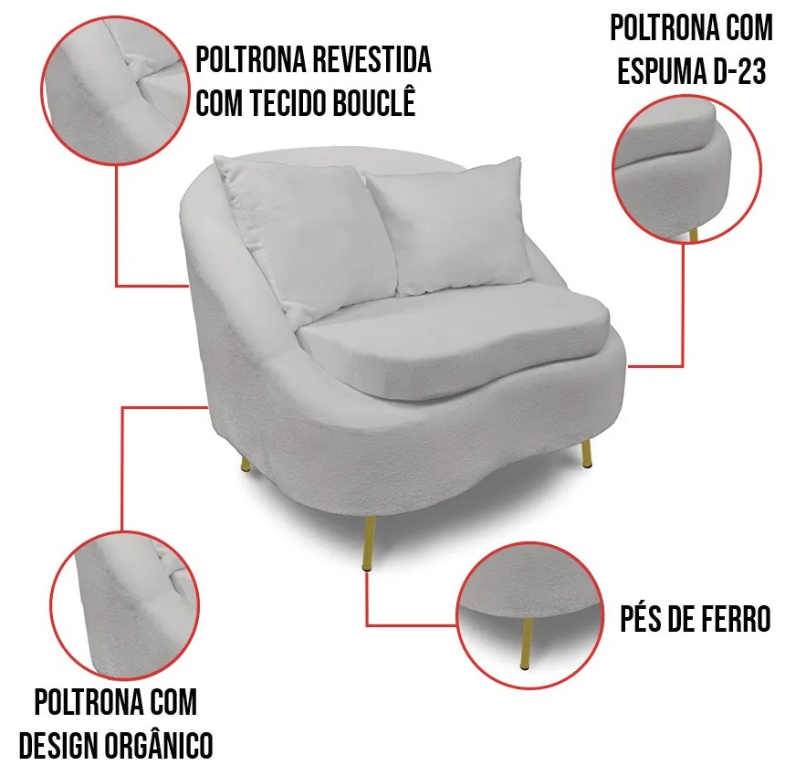 Poltrona Decorativa Orgânica Pé Ferro Dourado Kit 2 Zaya Bouclê Cinza C05 - D'Rossi