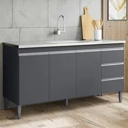 Balcão Gabinete com Pia Inox 150cm Andréia 3 Portas Cinza – AJL Móveis