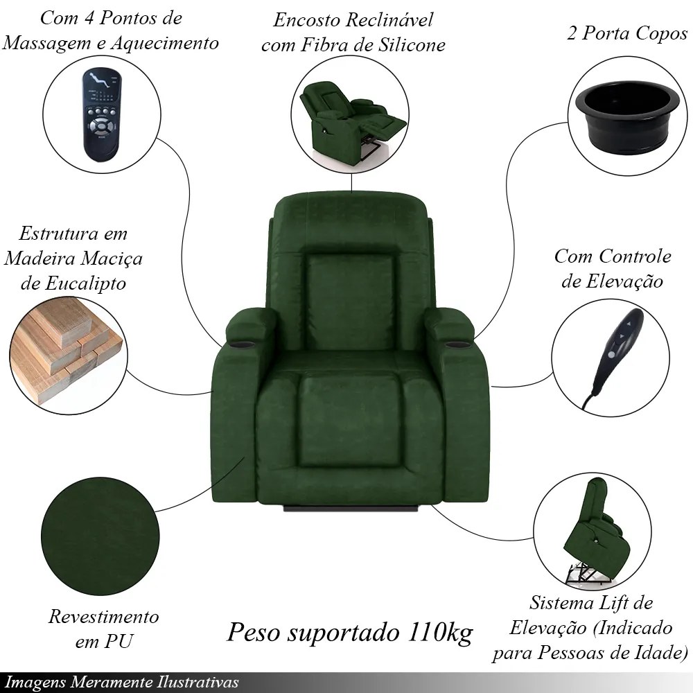 Poltrona do Papai Reclinável Sala de Cinema Crihs LIFT com Massagem e Aquecimento PU Verde G23 - Gran Belo