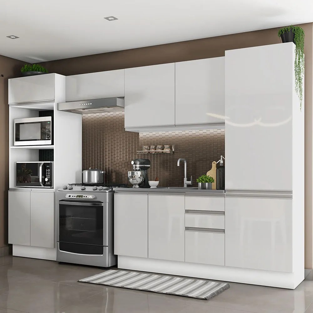 Armário de Cozinha Completa 100% MDF 330cm Frentes Branco Brilho Acordes Madesa 02 Cor:Branco