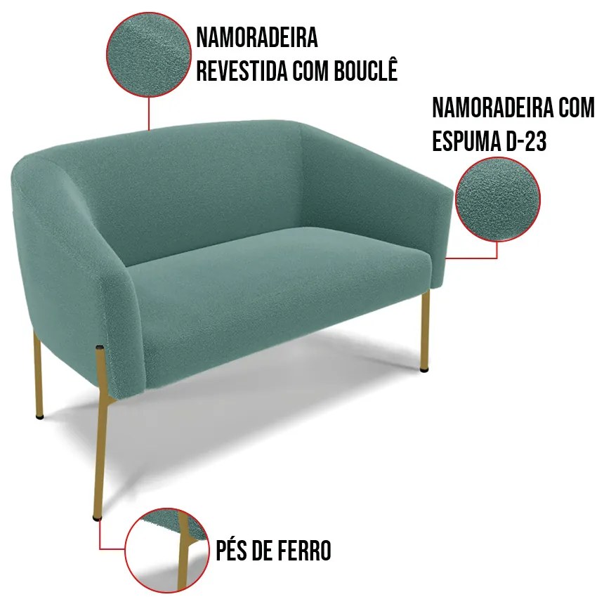 Sofá Namoradeira 2 Lugares Pé Ferro Dourado Stella Bouclê D03 - D'Rossi - Verde Menta