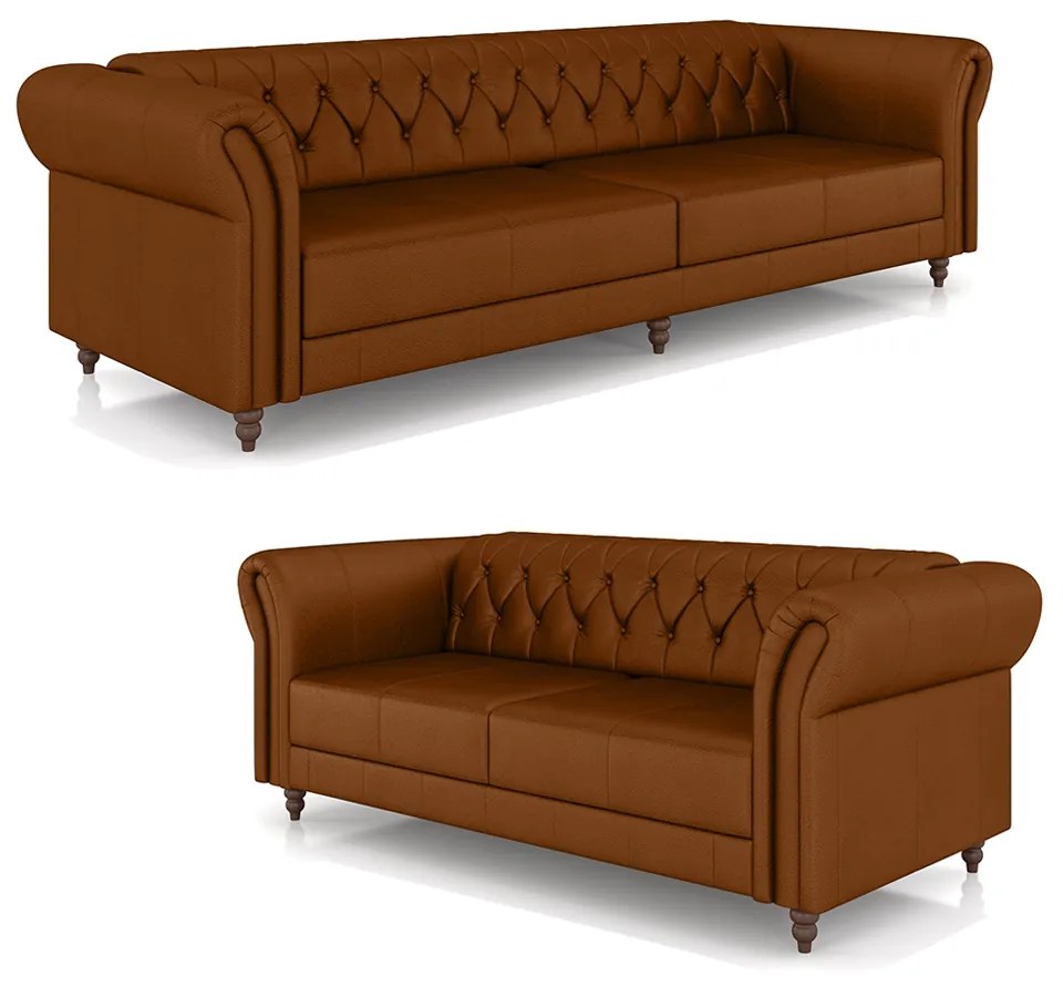 Conjunto de Sofá Sala de Estar Stanford Chesterfield 2 e 3 Lugares 180cm/240cm Pés Madeira Couro Caramelo G58 - Gran Belo