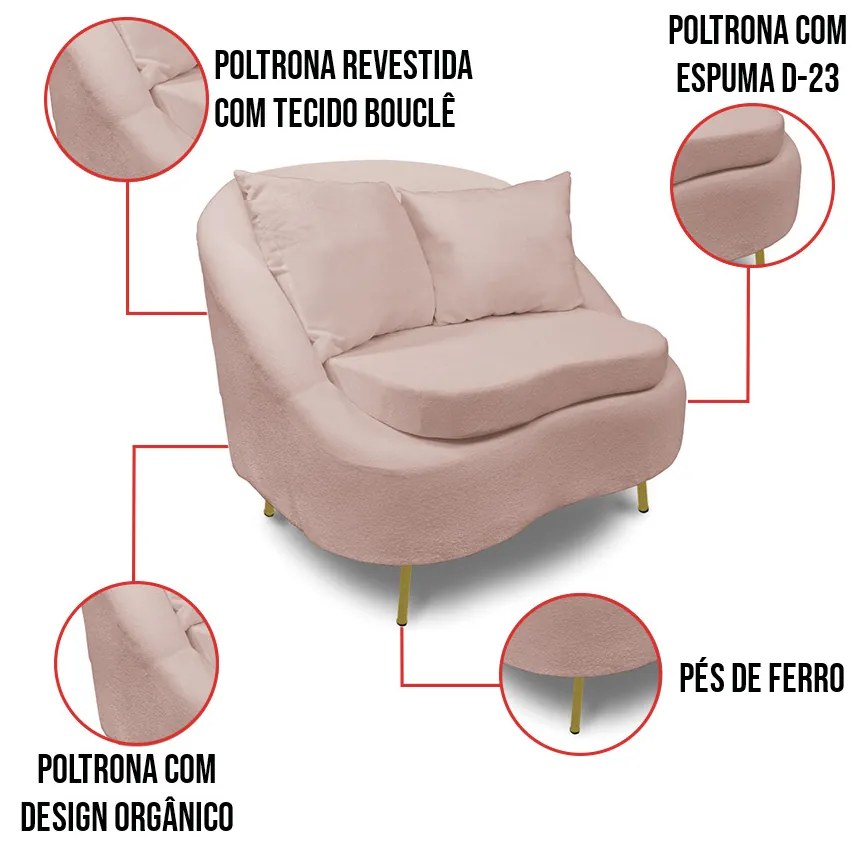 Poltrona Decorativa Orgânica Pé Ferro Dou Zaya Bouclê C05 - D'Rossi - Rose