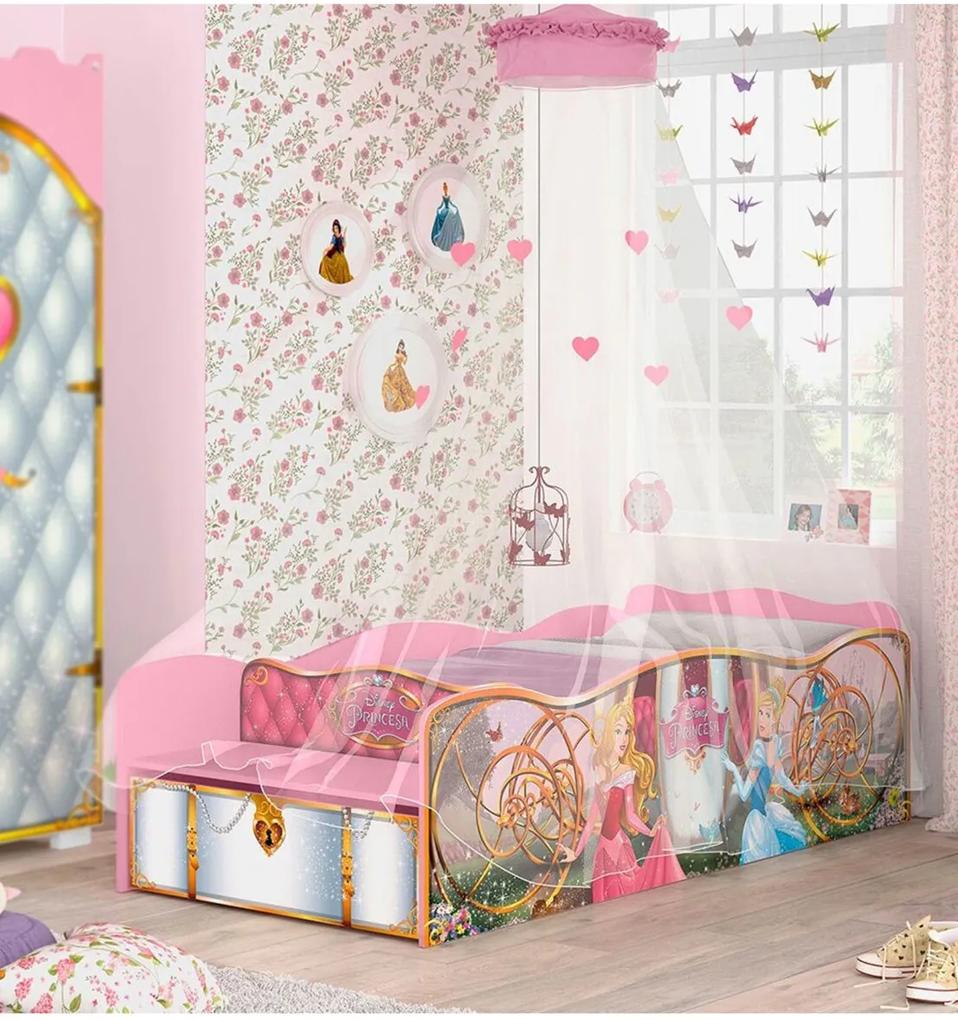 Cama Infantil Com Baú E Dossel Pura Magia Disney Princesas Rosa