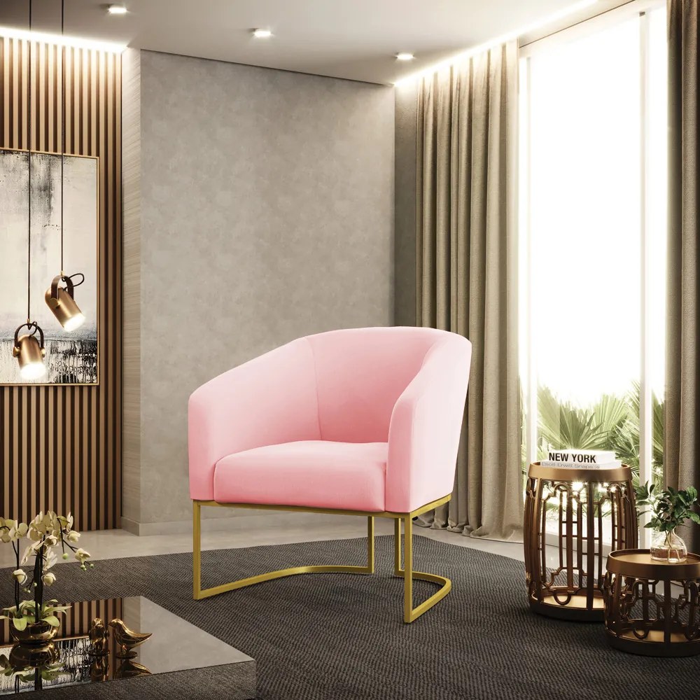 Poltrona Decorativa Industrial Dourado kit 2 Stella Suede Rosa Bebê D03 - D'Rossi