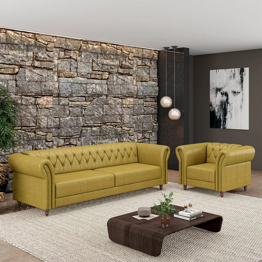 Conjunto Sala de Estar 1 Sofá Living 180cm e 1 Poltrona Stanford Chesterfield Pés Madeira Couro Bege Manchado G58 - Gran Belo