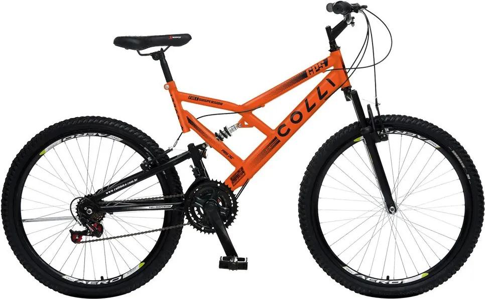 Bicicleta Esportiva Aro 26 Dupla Suspensão Freio V-Brake GPS 148 Quadro 18 Aço Laranja Neon - Colli Bike