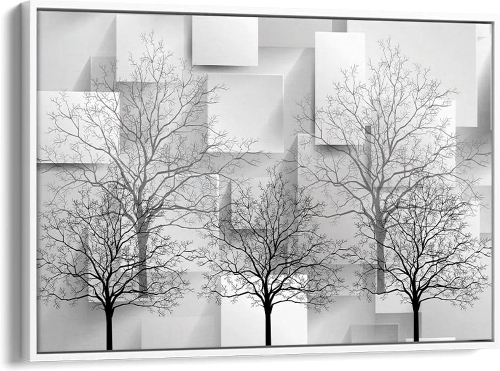 Quadro 60x90cm Árvores sem Folhas Monocromática com Retângulos Preto e Cinza Canvas Moldura Flutuante Branca