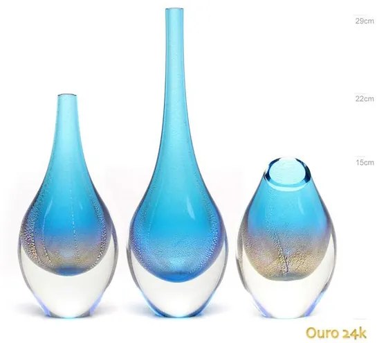 Conjunto 3 Gotas Mini Água-marinha com Ouro Murano Cristais Cadoro