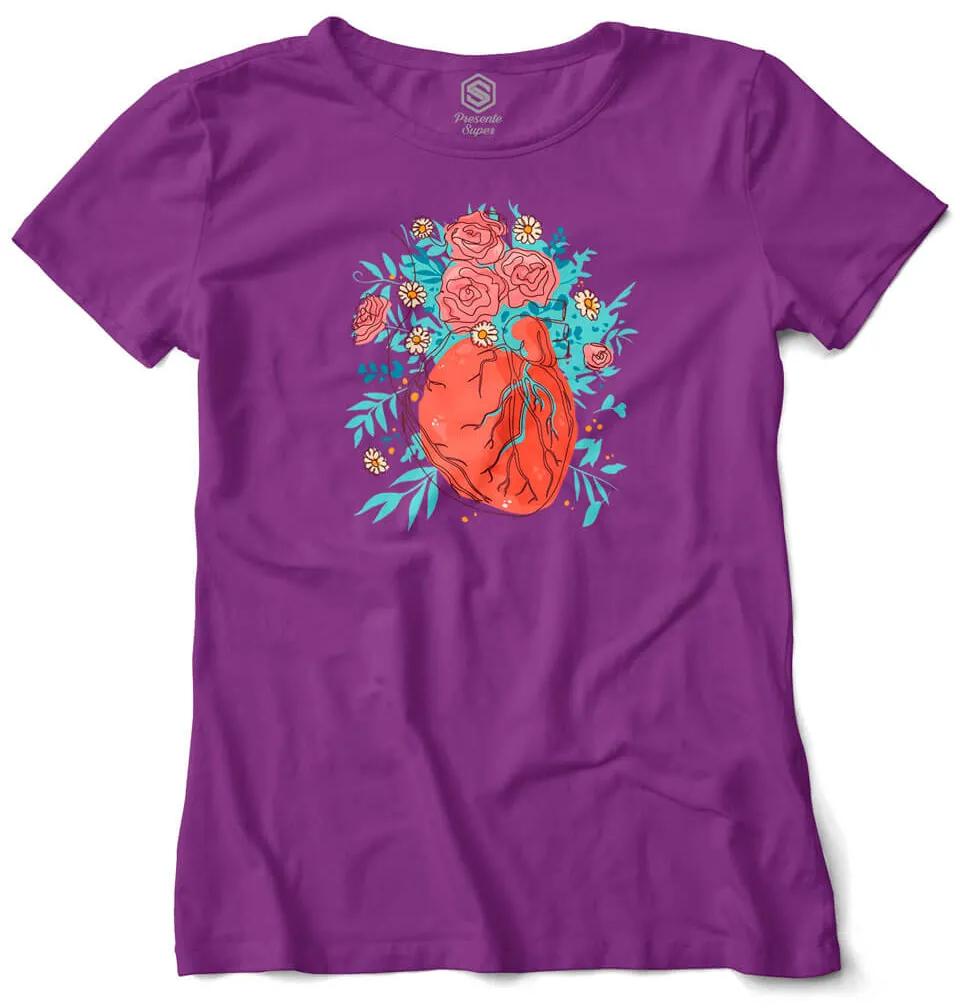 Camiseta Baby Look Coração Florido de Amor - Roxo - G