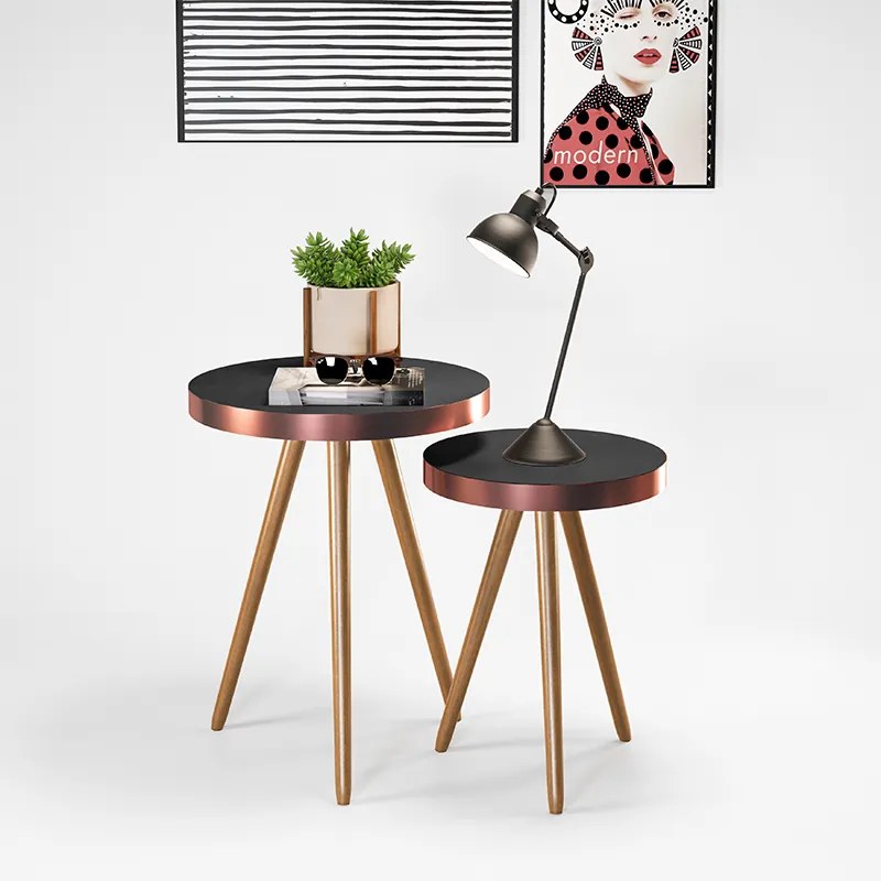 Kit 2 Mesas Decorativas Auxiliares Redondas Pés Palito Malaga Preto - Sheep Estofados - Preto
