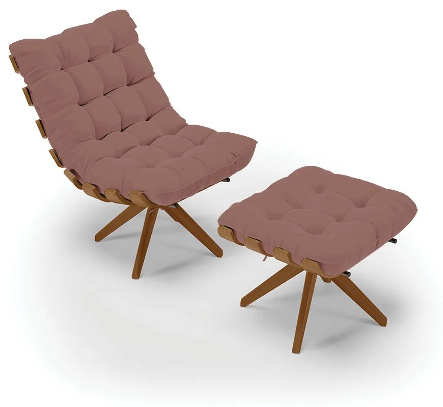 Poltrona com Puff Giratório Costela Veludo Base de Madeira MA30 M11 - D'Rossi - Rose