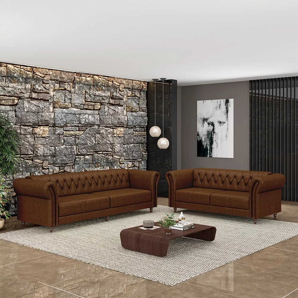 Conjunto de Sofá Sala de Estar Stanford Chesterfield 2 e 3 Lugares 200cm/240cm Pés Madeira Couro Marrom Manchado G58 - Gran Belo