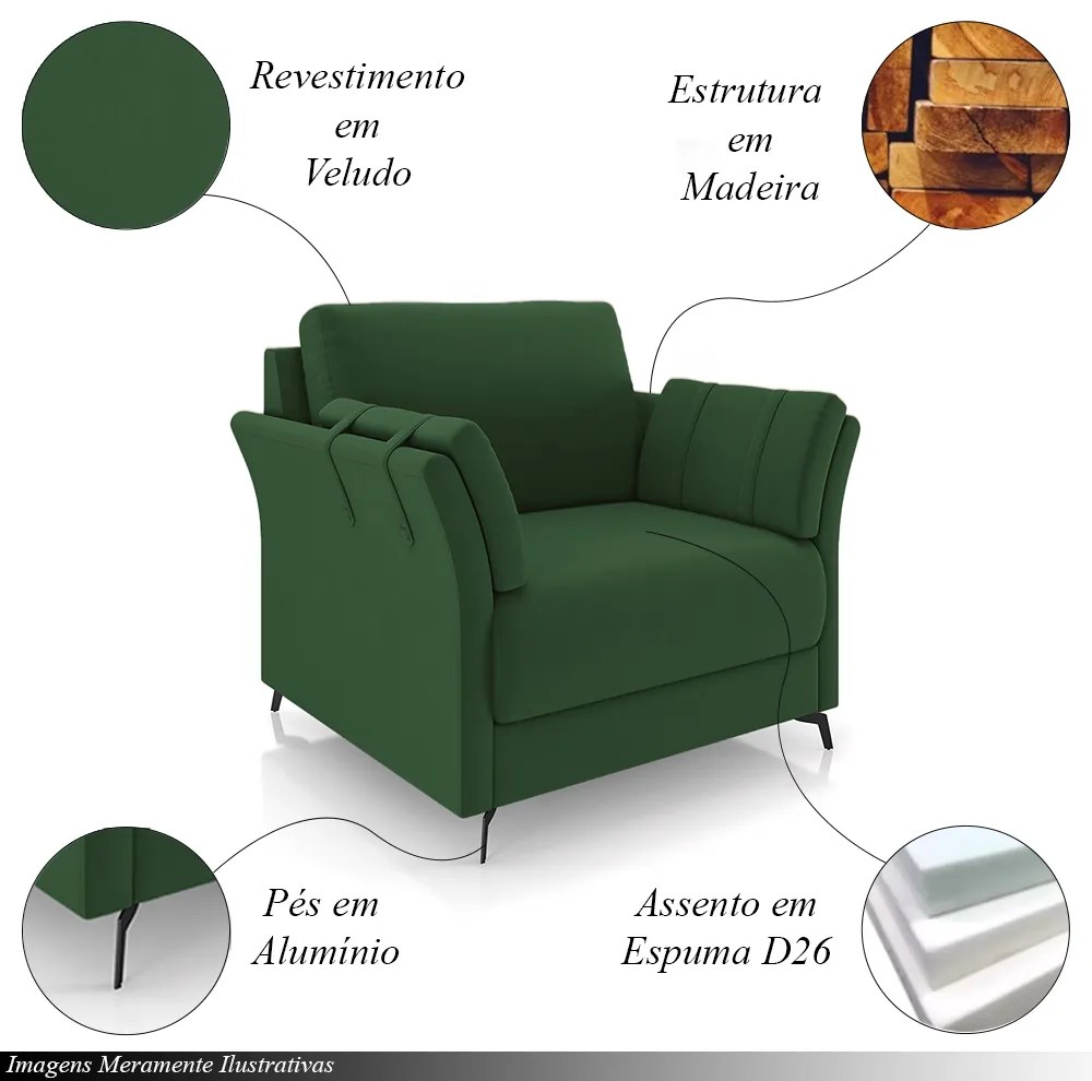 Conjunto Poltrona e Sofá Decorativo Violet 3 Lugares 223cm Pés em Alumínio Preto Veludo Verde G45 - Gran Belo