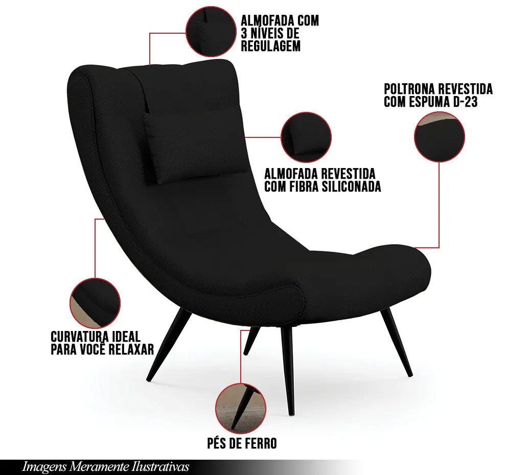 Poltrona Decorativa Sala de Estar Pés Palito Letty Veludo Luxo Preto G19 - Gran Belo