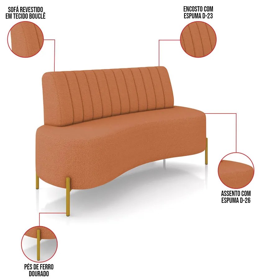 Sofá 2 Lugares Living 160cm Pé Ferro Dourado Maraú Bouclê Terracota K01 - D'Rossi