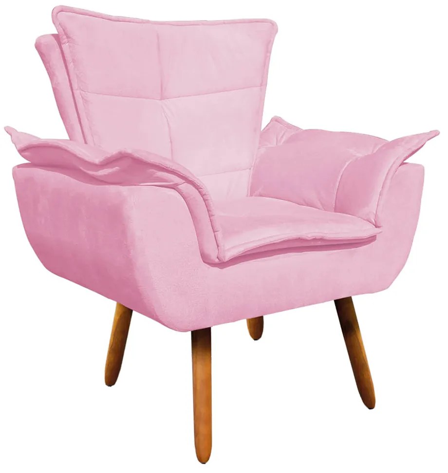 Poltrona e Puff Decorativo Pé Palito de Madeira Opala Suede D03 - D'Rossi - Rosa Bebê