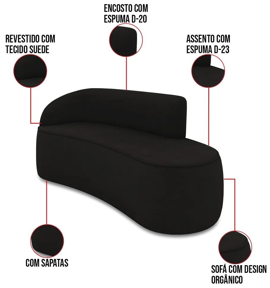 Sofá 2 Lugares Orgânico 140cm Morgan e 2 Poltronas Lua Suede Preto D03 - D'Rossi