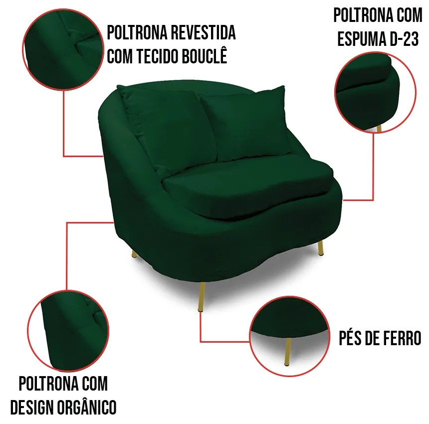 Poltrona Decorativa Orgânica Pé Ferro Dou Kit 2 Zaya Bouclê Verde C05 - D'Rossi