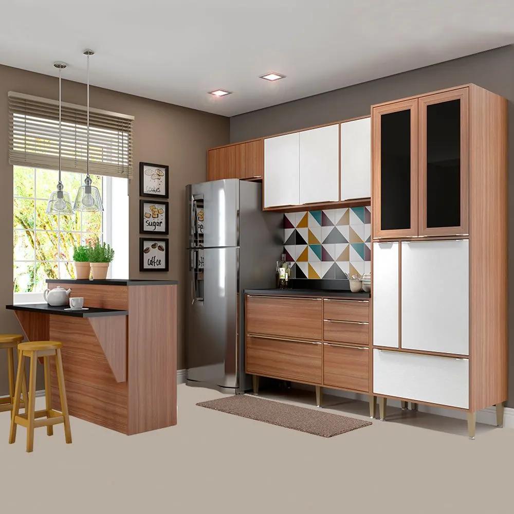 Cozinha Compacta Com Tampo 12 Portas 5463 Nogueira/Branco - Multimóveis