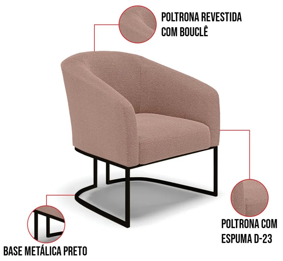 Sofá Namoradeira e Poltrona Industrial Preto Stella Bouclê Rosê D03 - D'Rossi