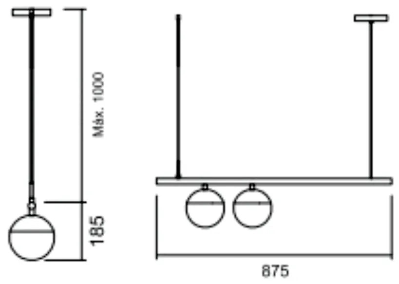 Pendente Snooker C/ 2 Globos Assimetricos 87,5Cm 2L E27 Mini Bulbo / M... (CB-PV - Cobre Brilho Polido Verniz, AMBAR)