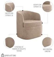 Kit 2 Poltronas Giratória Decorativa para Sala Dandara Z08 Veludo Bege